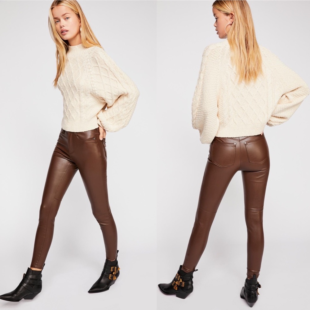 Free People Leather Vegan Long and Lean Pants in Brown Size 28